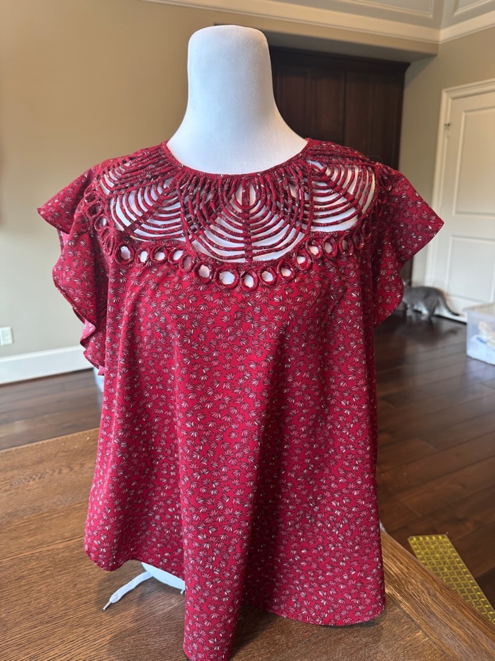 Ranna Gill Red Crochet Yoke Flutter Sleeve Blouse